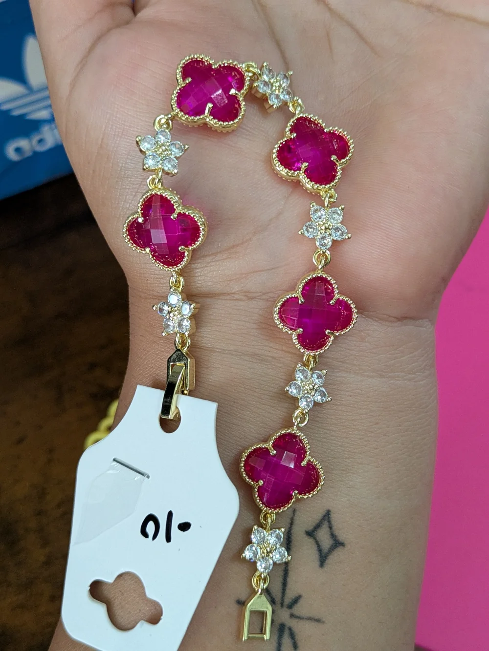 Gold-Plated Bracelet with Pink Clover Stones